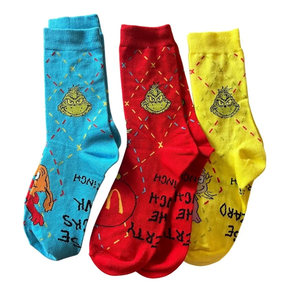 McDonalds The Grinch Christmas Crew Socks Set 3 Pairs Red Yellow Blue Dr Seuss